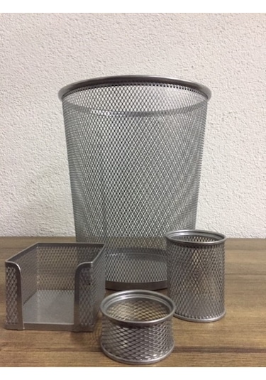 Metal Per Masa Kalemlik Ataşlık Küpnotluk Çöp Kovası 4lü Gri