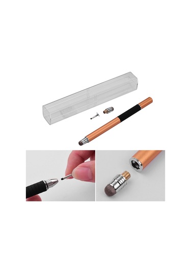 Vkemall Altın Metal Dokunmatik Kalem - Fiber Uç + Disk Uç 2'li Set, Yedek Uçlar Ve Kutu İçeren Kaliteli Kapasitif Kalem