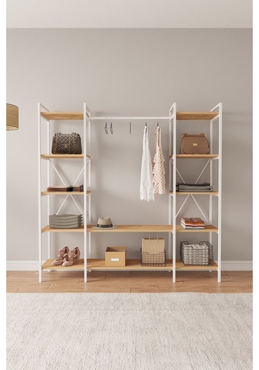 Nilamu Atlantik Çam Elbise Dolabı Metal Gövdeli Açık Askılık & Organizer Dolap 175 170 34 Cm Atlantik Çam