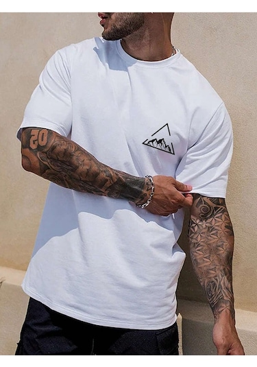Üçgen Dağ T-shirt - Beyaz Baskılı Oversize Bisiklet Yaka Kısa Kol Tişört Beyaz