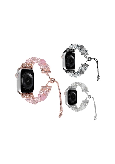 iOS Uyumlu Watch Serisi 8 41mm Boncuklu Oniks Geri Çekilebilir Zincir İzleme Bandı