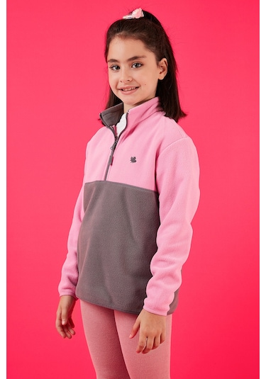 Lela Yumuşak Dokulu Yarım Fermuarlı Renk Bloklu Dik Yaka Unisex Çocuk Polar 5905004 Şeker Pembe-Gri