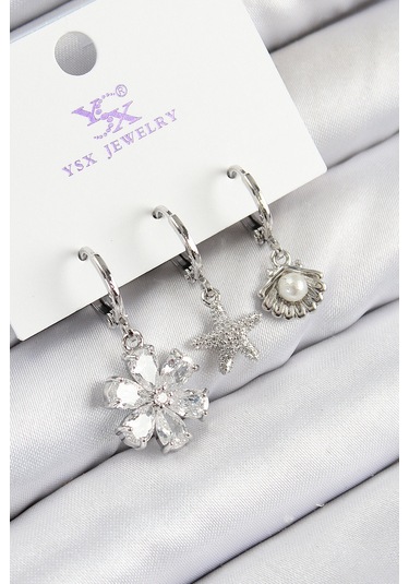 Pirinç Zirkon Taşlı 3'lü Çiçek Ve İstiridye Model Gümüş Renk Kadın Küpe Çok Renkli