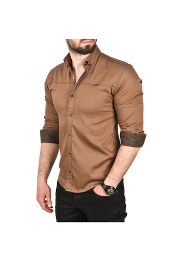 Deepsea Erkek Kahve Slim Fit Pamuklu Kot Gömlek Kolay Ütülenebilir Çıt Çıtlı Likralı Spor Gömlek 2502504 Kahve