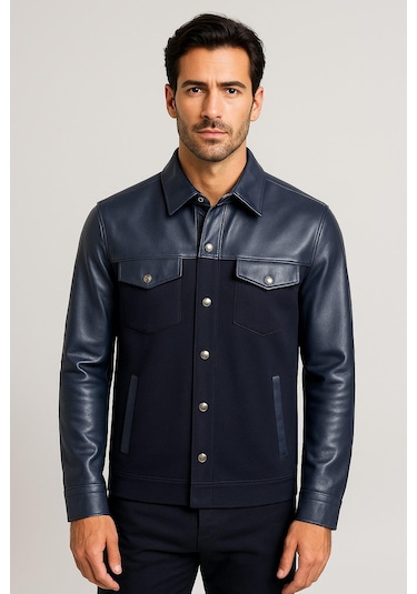 Ncs Jeans Erkek Gömlek Suni Deri Ve Triko Karışımlı Overshirt Lacivert 7348 Lacivert