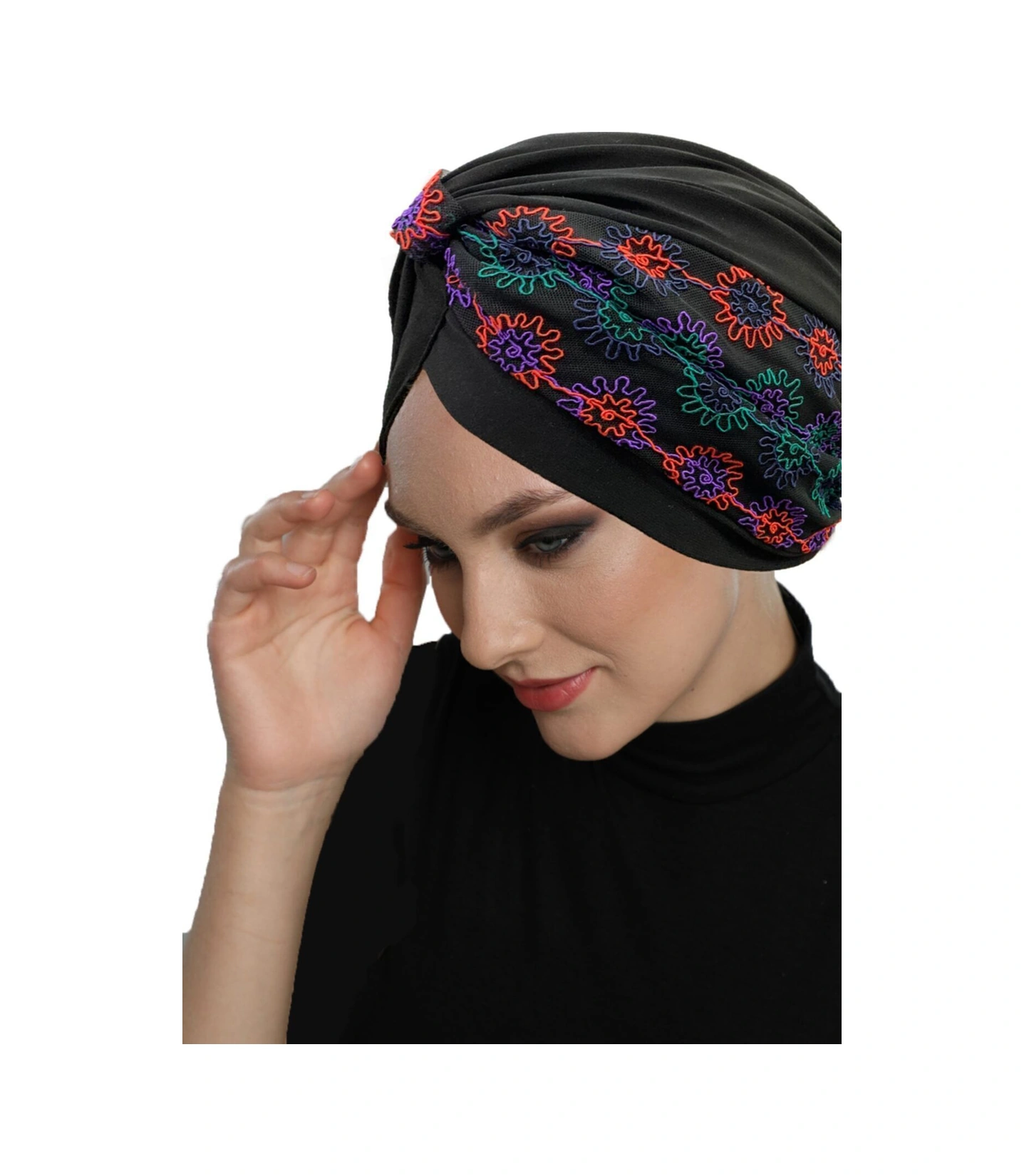 Otantik Nakış Motifli Astarlı Hazır Türban Tesettür Bone Siyah 10