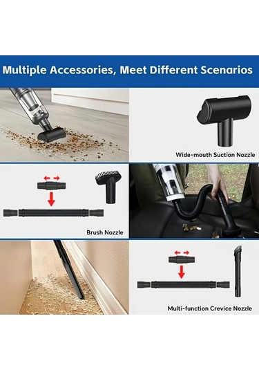 Fochsia Black Şarjlı El Süpürgesi: Type-c Şarj, 8 Aksesuar, Büyük Kapasiteli, Ev Ve Araç Temizliği İçin