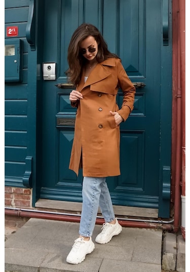 Pastelastore %100 Pamuk Gabardin Midi 95cm Astarlı Kemerli Kadın Trençkot 1113 Taba