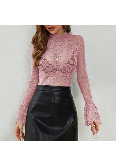 Kadın Üst Giyim Dik Yaka Alevli Uzun Kollu Dar Kesim Gömlek Düz Renk Şeffaf Oyuk Nakış Dantel Çiçek Desenli Üstler Beyaz