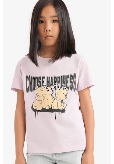 DeFacto Kız Çocuk Bisiklet Yaka Baskılı Kısa Kollu Tişört E0349A825SMPN425 Pembe