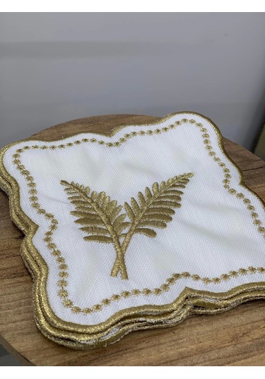 Nivemeshome Yaprak Nakışlı Gold Kare 6 Adet Keten Kokteyl Peçetesi Kahve Yanı Sunumluk Gold