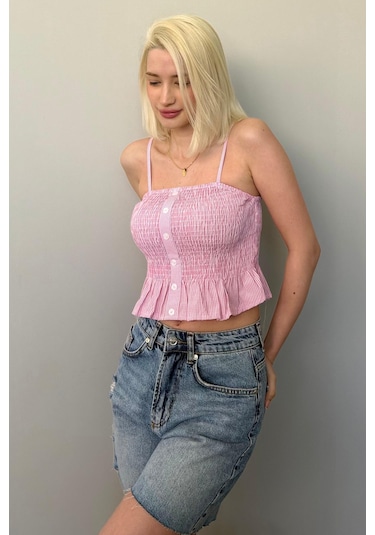 Madmext Pembe Ayarlanabilir Askı Pötikareli Crop Mg2371 Pembe