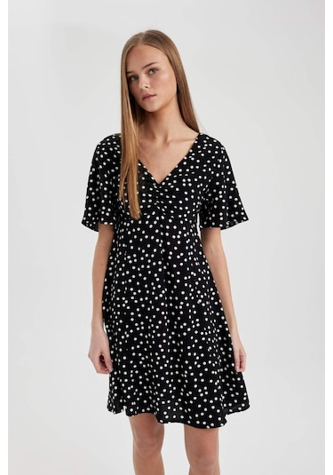 Defacto V Yaka Puantiyeli Maroken Mini Kısa Kollu Elbise B0127AX24SPBK27