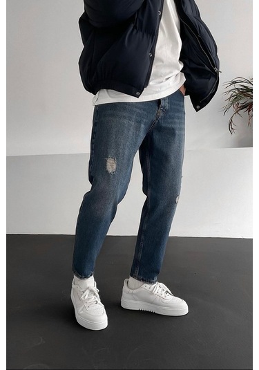 Boyfriend Mavi Taşlamalı Rahat Kalıp Kot Erkek Pantolon Mavi