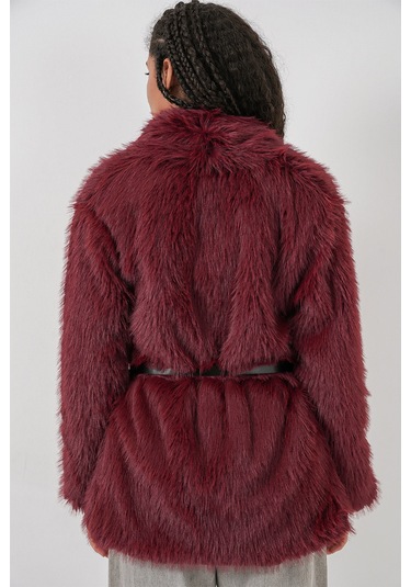 Kadın Kemerli Oversize Kürklü Kaban 9156 - Bordo Bordo