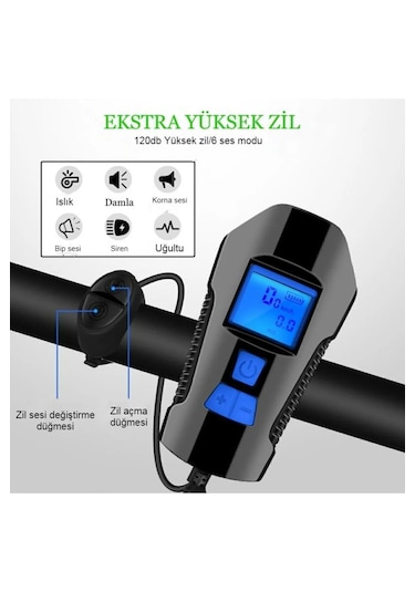 Techtic Lcd Hız Göstergeli Su Geçirmez 1500mah Kornalı Bisiklet Mavi - Siyah