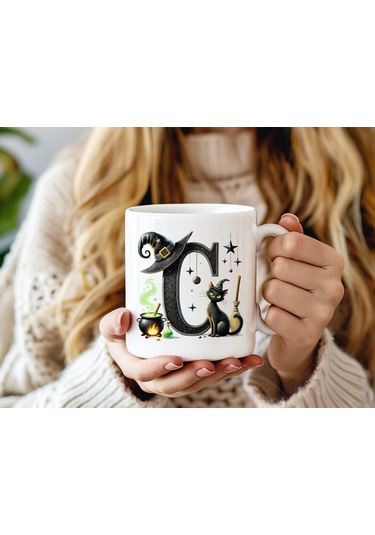 C Harfli Halloween Kedili Figür Kupa Bardak - Şapkalı Ve Kazanlı İsme Özel Kupa - Hediye 07 Beyaz