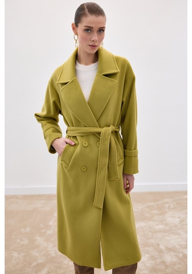 Sateen Beli Bağlamalı Uzun Kaban - Yağ Yeşili-136628 Yeşil