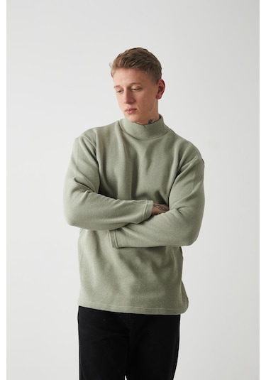 R-5849 Boğazlı Düz Örme Kazak Sweat Çağla Yeşili