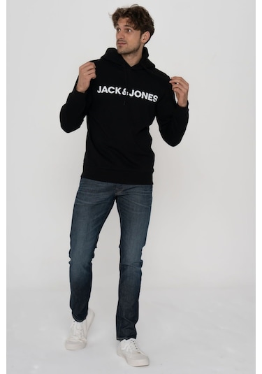 Jack & Jones Erkek Logo Baskili Kapüsonlu Sweatshirt - Deldrick 12193083 Black Siyah