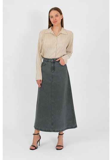 Yüksek Bel A Kesim Denim Etek Gri