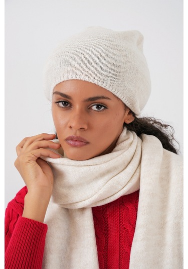 Kadın Triko Atkı Bere 15939 - Ekru Ekru