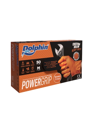 Dolphin Nitril Powergrip Ekstra Kalın Elmas Dokulu Eldiven Turuncu Meidum Orta Boy - 50'li 5 Paket