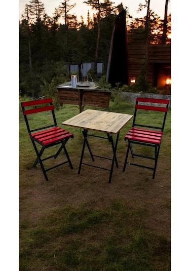 Balkon Bahçe Mutfak 3'lü Bistro Set Katlanır Masa Sandalye 60x60 Kırmızı