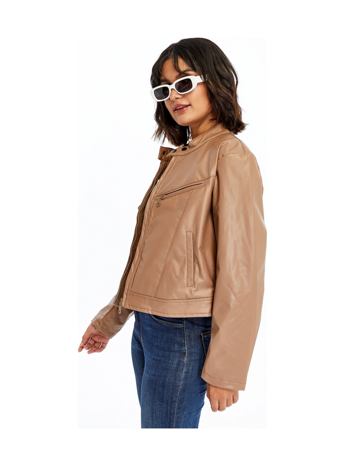 Kadın Deri Ceket Niş Kompakt Tasarım Mont Günlük Kullanım Fermuar Hakim Yaka Şık Ceket Pudra