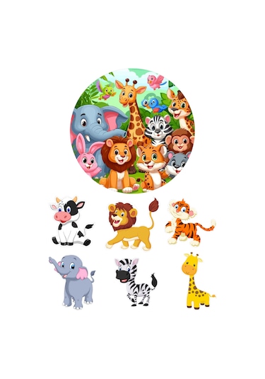 Yenilebilir Yuvarlak Pasta Ve Figür Resim Baskısı Şekerli Kağıt Safari Temalı 24