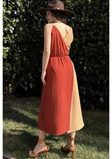 Kadın Kiremit & Bej Color Block Kruvaze, Hasır Askı Detaylı, Yırtmaçlı, Uzun Airobin Elbise Kiremit