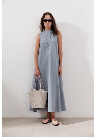 Keten Büzgülü Geniş Elbise Mavi Mavi