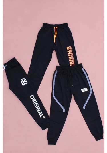 3'lü Farklı Baskı Detaylı,beli Lastikli Erkek Çocuk Eşofman Altı Siyah