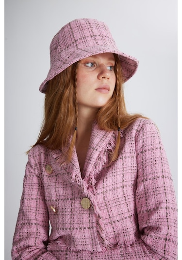 Holly Lolly Tüvit Kumaş Logolu Bucket Tweed Şapka Pembe
