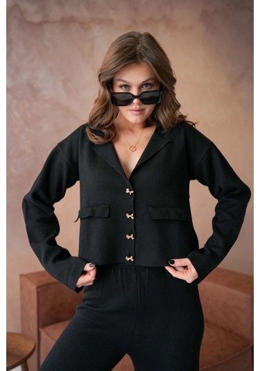 Kadın V Yaka Düğme Detay Ceket Pantolon İkili Triko Takım Siyah