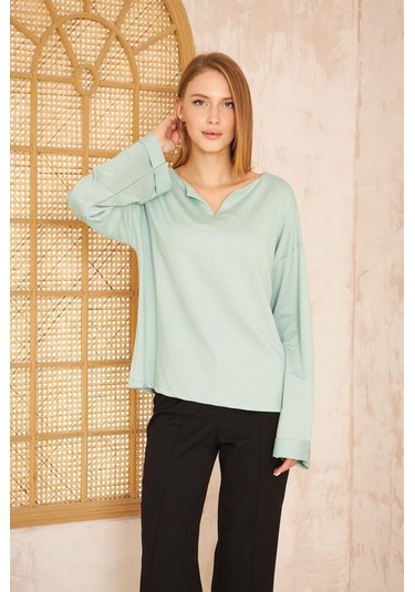 Kadın Ekstra Uzun Duble Kol / Yakası Yırtmaçlı Salaş Sweatshirt Bluz 3470190 Mint