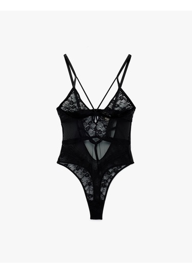 Koton Derin V Yaka İnce Askılı Transparan Dantelli Bodysuit Siyah 6wlk00004mk Siyah