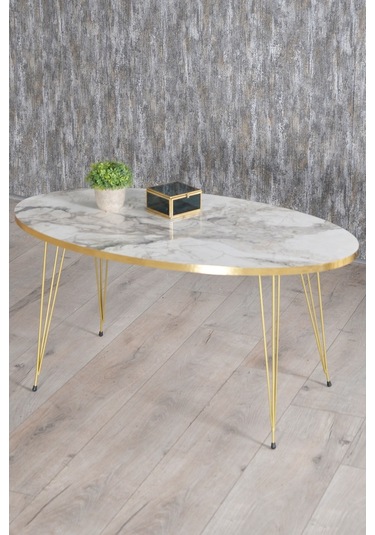 Zigon Sehpa Ve Orta Sehpa Elips Set Gold Efes Tel Ayak