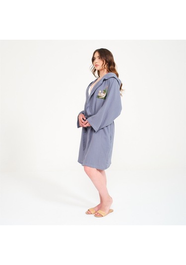 Pamuklu Kısa Kapüşonlu Müslin Kadın Bornoz Antrasit