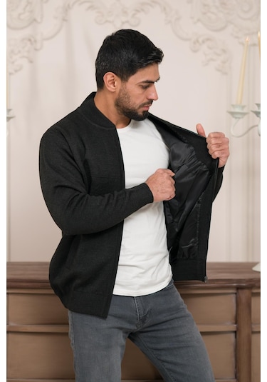 Woolen World Pilot Yaka Fermuar Kapamalı Klasik Kesim Astarlı Çelik Örgü Hırka Antrasit