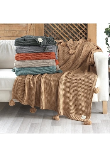 Coco Pirinç Örgü Ponponlu Triko Tv Battaniyesi Throw Koltuk Şalı (538861712)-130X170