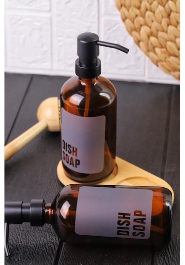 2'li Amber Cam Sıvı Sabunluk Seti Standlı Gri Etiketli