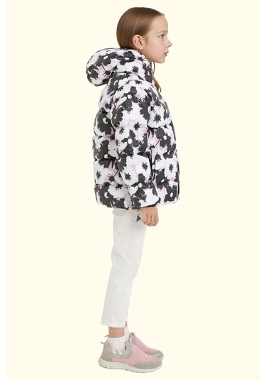 Kız Çocuk Pusula Desen Polar Su Ve Rüzgar Geçirmez Kapüşonlu Şişme Kışlık Mont Beyaz