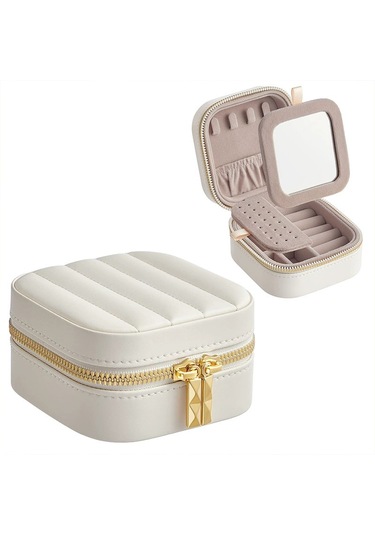 Dikiş Detaylı Fermuarlı, Aynalı, Çok Bölmeli Kompakt Takı Kutusu