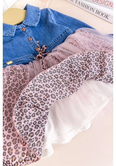 Babymod Denim Leopar Desenli Şık Özel Gün Kız Bebek Elbise Pembe