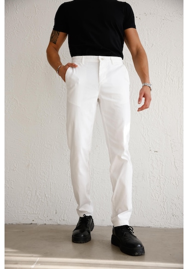 Braccas Erkek Armürlü Slim Fit Beyaz Pantolon Beyaz