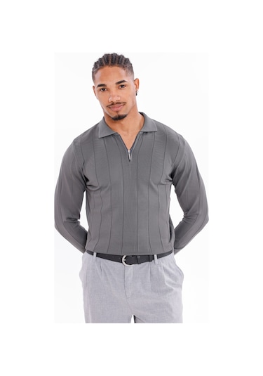 Monox Erkek Yarım Fermuarlı Polo Yaka Triko Kazak Füme