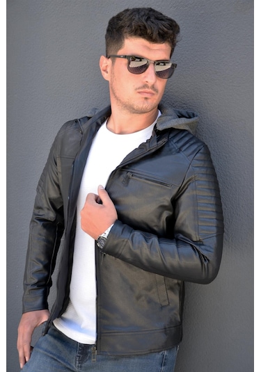 Prifaldi Erkek Kapüşonlu Deri Mont Siyah(554875697)