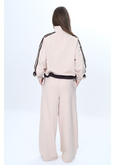 Kız Çocuk 2 İplik Yarım Fermuarlı Garnili Eşofman Takımı %100 Pamuk Rahat Kalıp-325 Bej