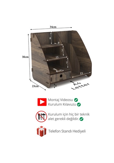 Focus Modest Çekmeceli A4 Evrak Rafı Masaüstü Organizer Ceviz